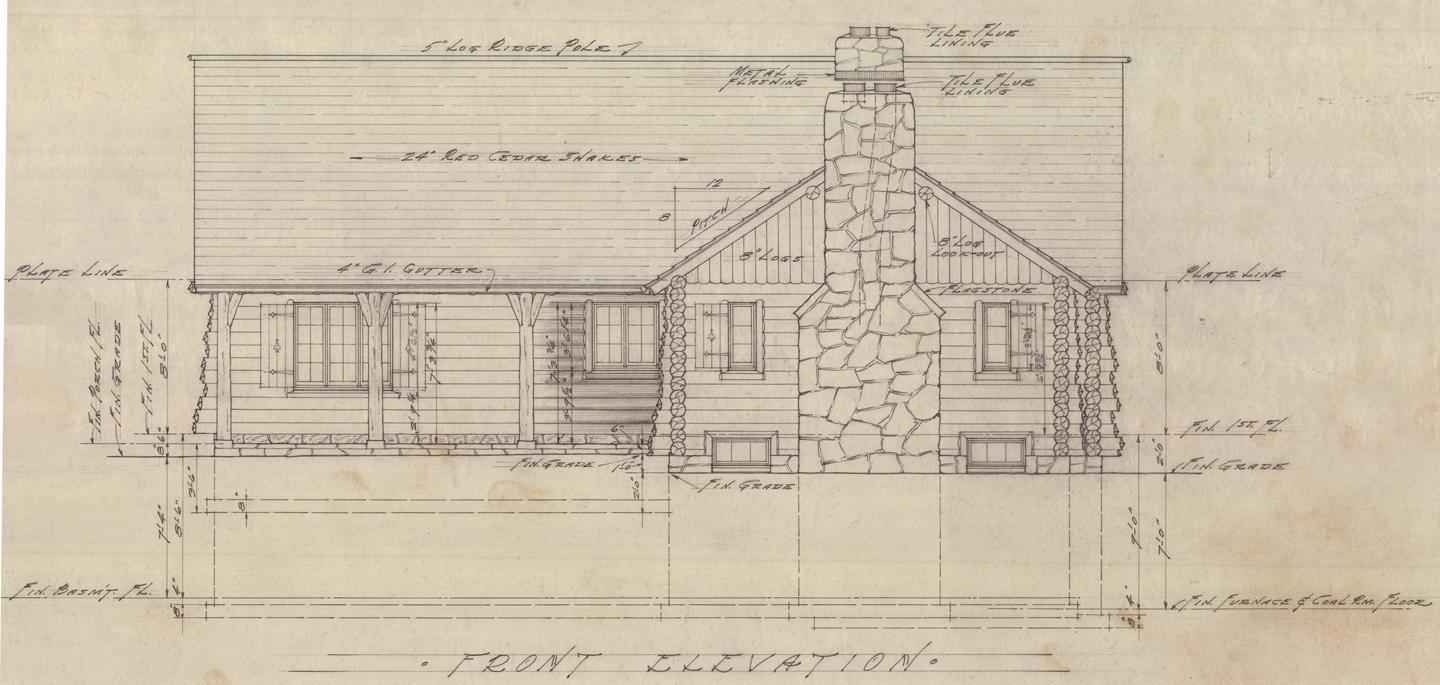 Architectural plans for a log cabinArchitectural Plans for the Sunlight Ranger Station in Cody, Wyo. - Front Elevation