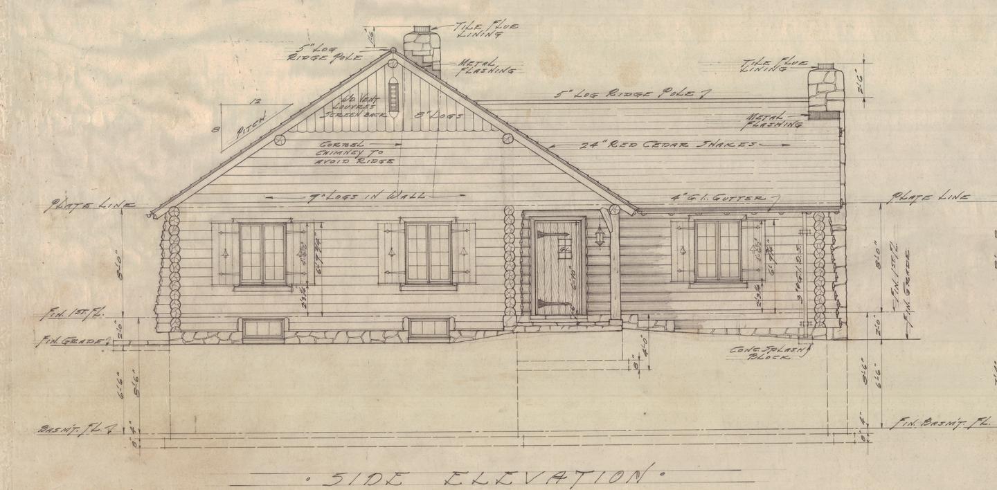 Architectural plans for a log cabin showingArchitectural Plans for the Sunlight Ranger Station in Cody, Wyo. - Side Elevation