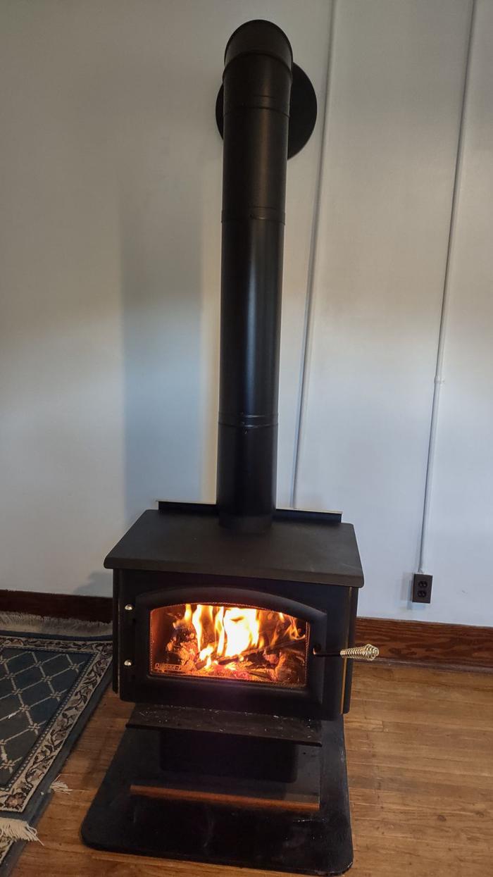 wood stove, wood floors and white wall in backgroundBuckhorn Ranger Cabin wood stove. 