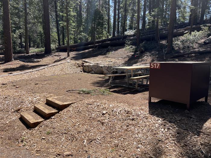 A photo of Site 517 of Loop 5 at Crane Flat Campground with Picnic Table, Fire Pit, Food Storage