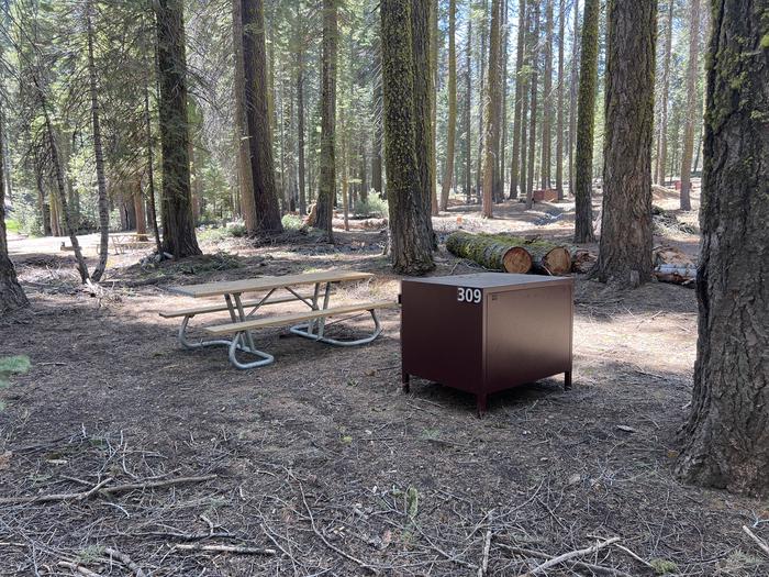 A photo of Site 309 of Loop 3 at Crane Flat Campground with Picnic Table, Fire Pit, Food Storage