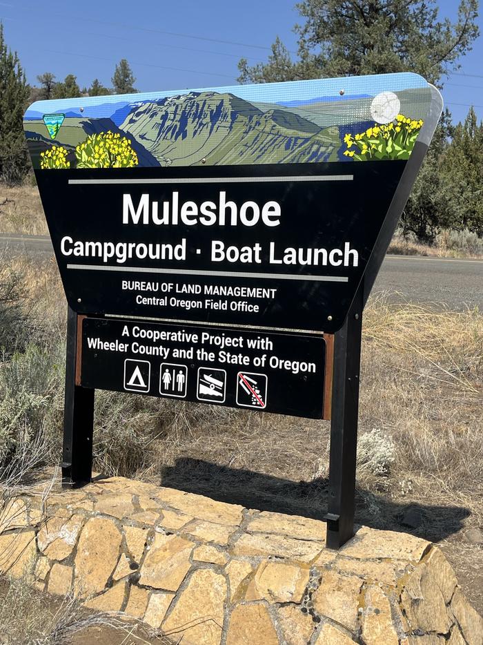 This photo shows the site id sign for Muleshoe Campground and Boat Launch.Site ID sign for Muleshoe Campground and Boat Launch