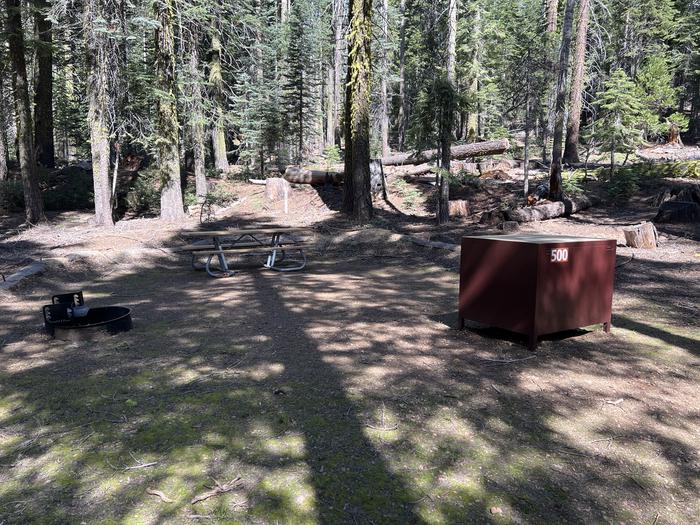 A photo of Site 500 of Loop 5 at Crane Flat Campground with Picnic Table, Fire Pit, Food Storage