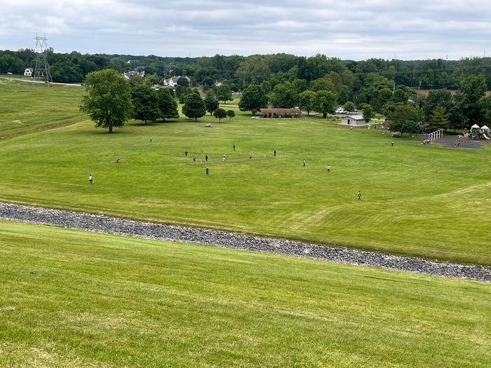 Aerial view of Cricket Field with players