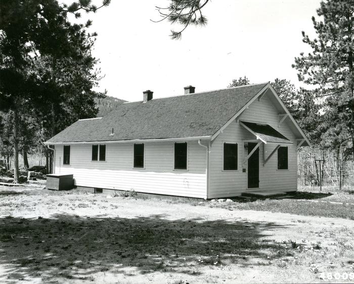 Black and white photo of the Buckhorn Ranger Cabin from 1950. 