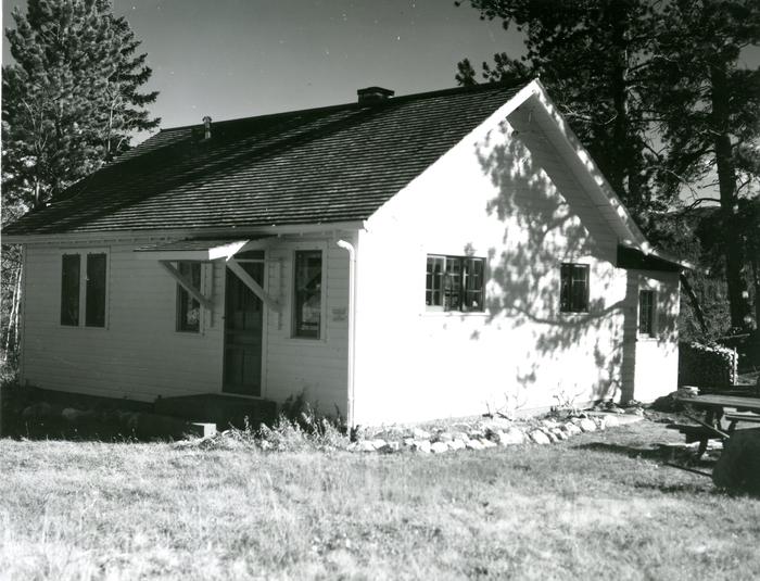 Black and white historic photo of the Buckhorn Assistant Ranger Cabin from 1961