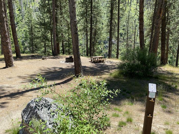 Site 5 at Pine Flats Campground, Site post, table, and fire ring are shownSite 5 at Pine Flats Campground, Boise National Forest ID