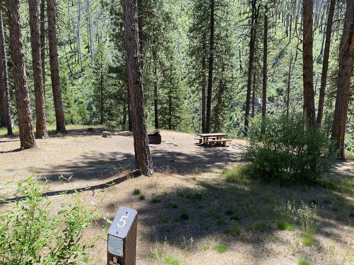 Alternate view of Site 5 at Pine Flats Campground, Site post, table, and fire ring are shownSite 5 at Pine Flats Campground, Boise National Forest ID