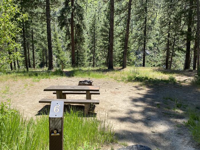 Site 6 at Pine Flats Campground showing site post, table, and fire ring Site 6 at Pine Flats Campground, Boise National Forest