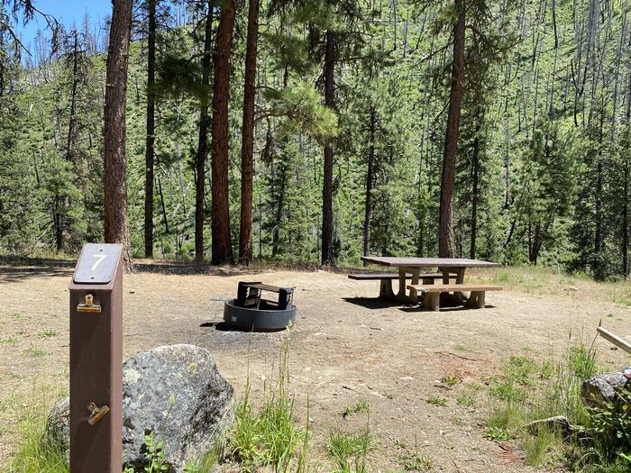 Site 7 showing site post, fire ring, and picnic tableSite 7 at Pine Flats Campground, Boise National Forest 