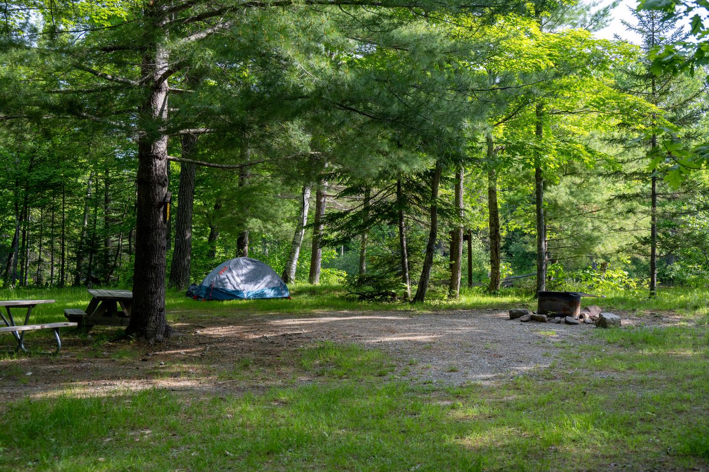 A large shaded campsite with two picnic tables a small tent and a metal campfire ring on a leveled gravel surface.Upper East Branch campsite is a larger shaded campsite next the East Branch of the Penobscot River.