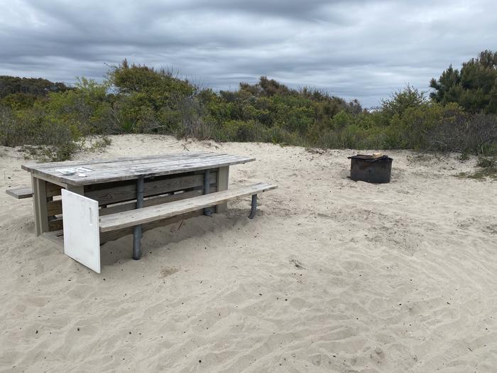 Oceanside site 43 in May.  Wooden picnic table and black metal fire ring on the sand. Green brush on the horizon.Oceanside site 43 in May.