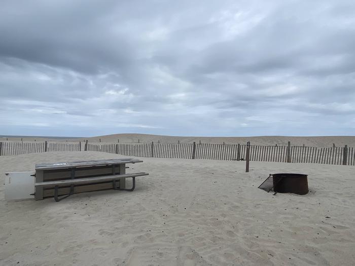 Oceanside site 46 in May.  View of wooden picnic table and black metal fire ring on sand.  Dune post line within view behind the campsite.Oceanside site 46 in May.