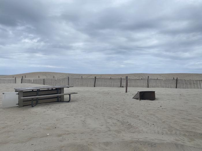 Oceanside site 46 in May.  View of wooden picnic table and black metal fire ring on sand.  Dune line posts behind campsite.Oceanside site 46 in May.