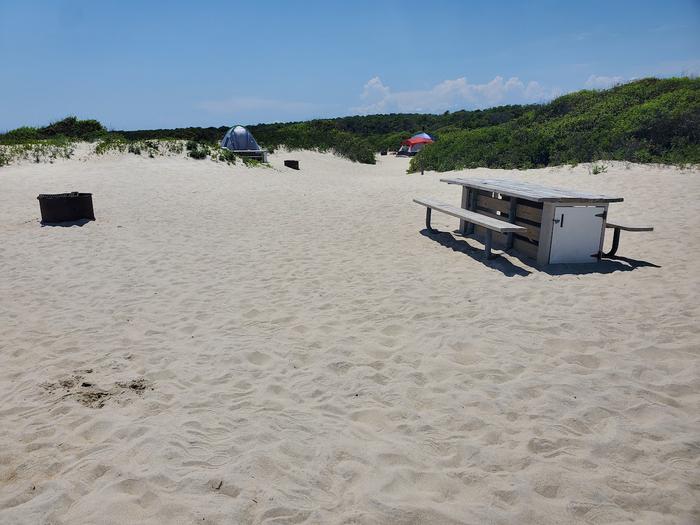 Oceanside site 47 in July 2023.  View of wooden picnic table and black metal fire ring on sand.  Other campers' tents are on the horizon surrounded by brush.Oceanside site 47 - July 2023.