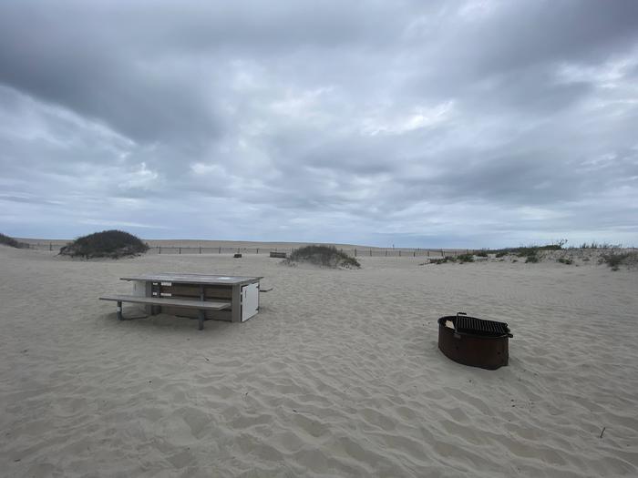 Oceanside site 47 in May 2024.  View of wooden picnic table and black metal fire ring.  Dunes and dune line fencing are on the horizon in the background.Oceanside site 47 - May 2024.