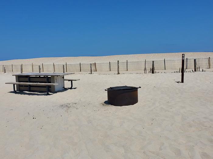 Oceanside site 49 in July.  View of black metal fire ring and wooden picnic table.  Sign post that has 49 on it and dune line posts behind campsite.Oceanside site 49 in July.