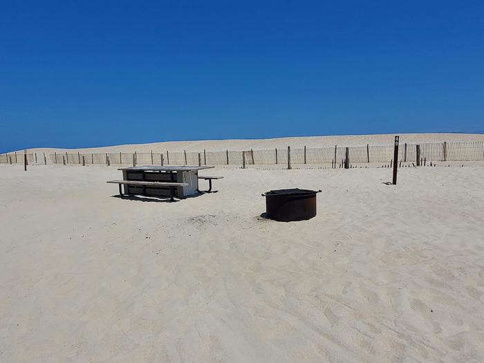 Oceanside site 49 in July.  View of wooden picnic table and black metal fire ring.  Sign post that says 49 on it and dune line posts behind campsite.Oceanside site 49 in July.