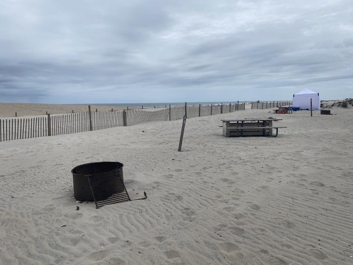 Oceanside site 56 in May.  View of black metal fire ring and wooden picnic table on the sand.  Sign post the says 56 on it and dune line posts are nearby the campsite.  Other campers and campsites within view.Oceanside site 56 in May.
