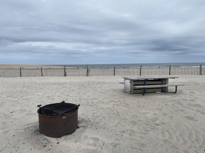 Oceanside site 60 in May.  View of wooden picnic table and black metal fire ring on the sand.  Dune line posts run along the beach behind the campsite.  Partial view of the ocean on the horizon.Oceanside site 60 in May.