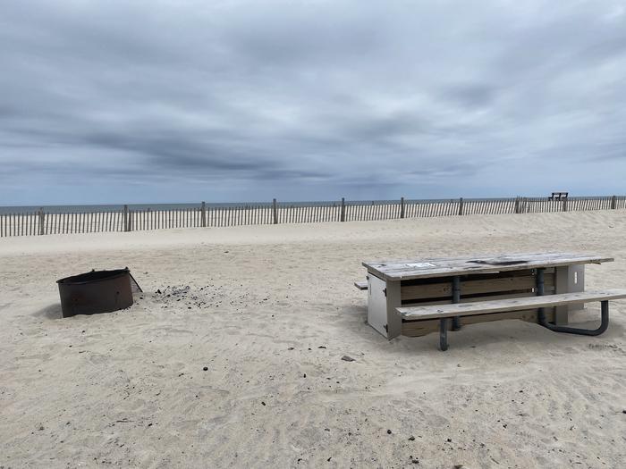 Oceanside site 61 in May.  Close up view of black metal fire ring and wooden picnic table on the sand.  Dune fencing runs along the beach behind the campsite.Oceanside site 61 in May.