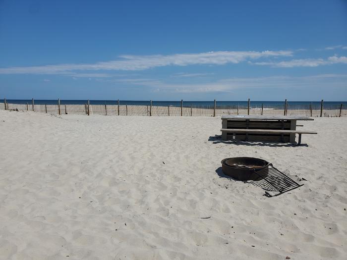 Oceanside site 61 in July.  Wooden picnic table and black metal fire ring on the sand.  Dune fencing along the beach behind the campsite.Oceanside site 61 in July.