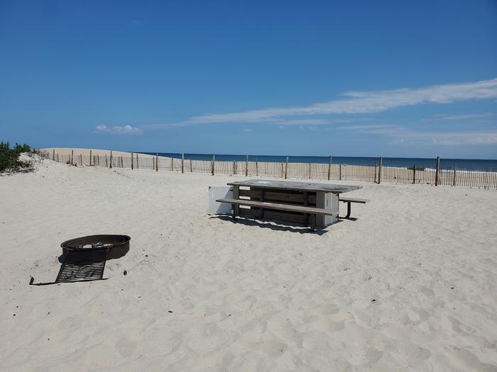Oceanside site 61 in July.  Wooden picnic table and black metal fire ring on the sand.  Dune fencing along the beach behind the campsite.  Partial view of the ocean on the horizon.Oceanside site 61 in July.