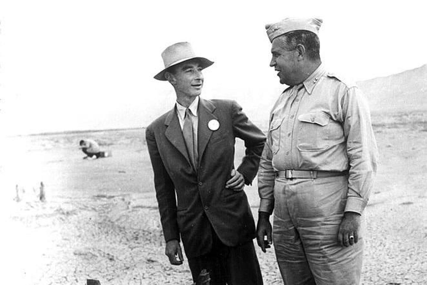 Oppenheimer and Groves at Trinity Test SiteJ. Robert Oppenheimer and Gen. Leslie Groves at the Trinity Test Site.