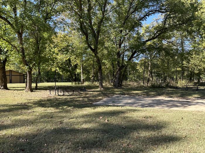 A photo of Site 819 of Loop Loop 800 at ALLEY SPRING with Picnic Table, Fire Pit, Shade, Lantern Pole