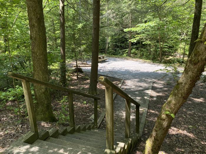 Site 8Fire ring, lantern post, and picnic table are located in the site. This site does have stairs.