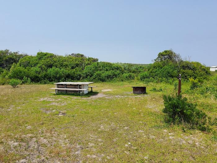 Oceanside site 71 in July.  View of wooden picnic table and black metal fire ring on the grass.  Sign post nearby says 71 on it.Oceanside site 71 in July.