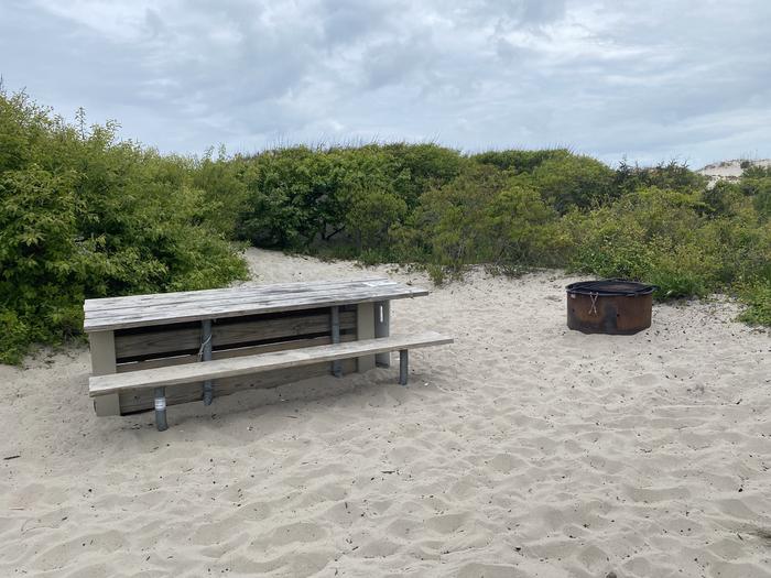 Oceanside site 72 in May 2024.  View of wooden picnic table and black metal fire ring on sand.  Brush behind the campsite.Oceanside site 72 - May 2024.