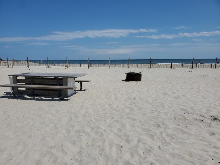 Oceanside site 73 in August.  View of wooden picnic table and black metal fire ring on the sand.  Dune fencing runs along the beach front with ocean on the horizon.Oceanside site 73 in August.