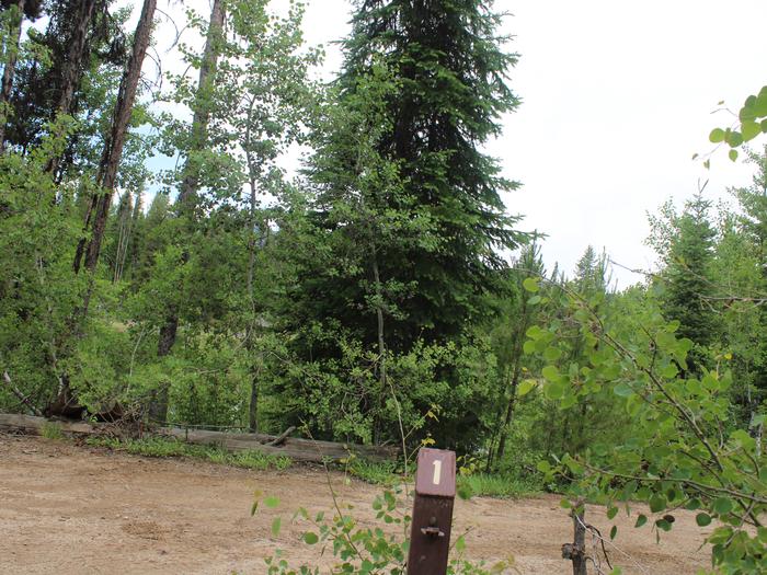 A campsite post #1 is shown in front of trees at Barneys campground Campsite 1 at Barneys Campground, Boise National Forest