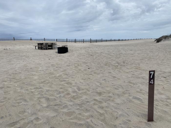 Oceanside site 74 in May.  Sign post that says 74 on it is closest to the viewer.  Wooden picnic table and black metal fire ring further back at the campsite.  Dune fencing can be seen running along the beach front.Oceanside site 74 in May.