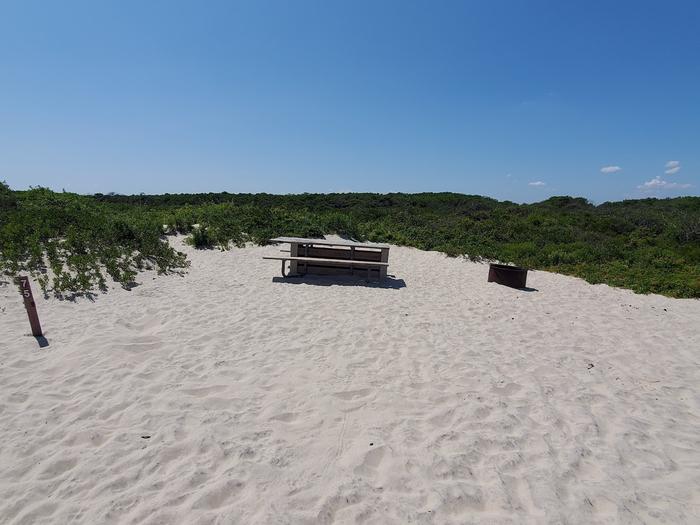 Oceanside site 75 in August.  View of wooden picnic table and black metal fire ring on the sand.  Sign post nearby that says 75 on it.  Brush on the horizon.Oceanside site 75 in August.