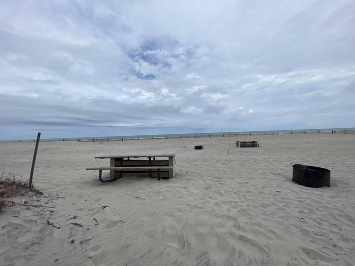 Oceanside site 79 in May.  View of wooden picnic table and black metal fire ring on the sand.  Other campsites within view.  Dune fencing runs along the beach on the horizon.Oceanside site 79 in May.