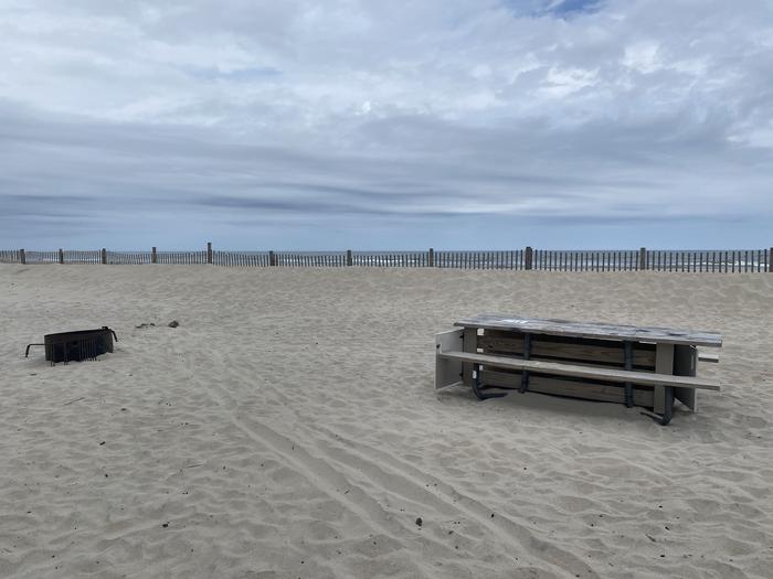 Oceanside site 80 in May 2024.  View of wooden picnic table and black metal fire ring on the sand.  Dune fencing along the beach with ocean on the horizon.Oceanside site 80 - May 2024.