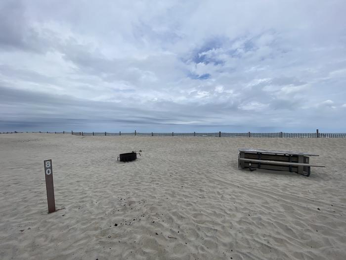 Oceanside site 80 in May 2024.  View of wooden picnic table and black metal fire ring on the sand.  Signpost nearby says "80" on it.  Dune fencing on the horizon along the beach.Oceanside site 80 - May 2024.