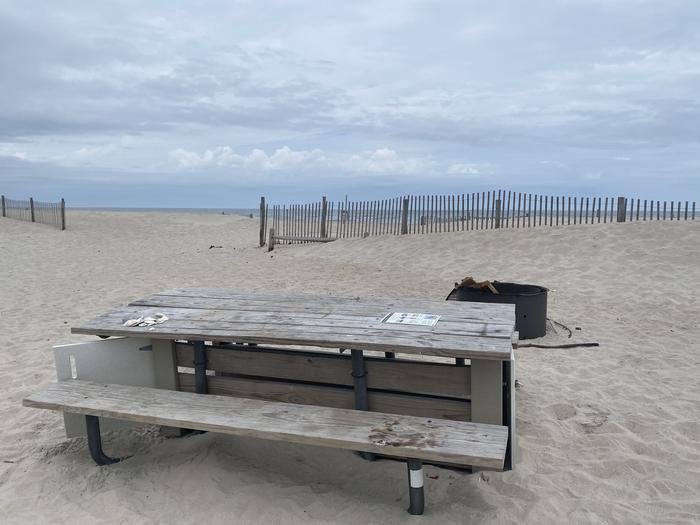 Oceanside site 85 in May.  Close up view of wooden picnic table and partial view of the black metal fire ring on the sand.  Dune fencing along the beach behind the campsite with a path to the ocean front between the fencing.Oceanside site 85 in May.