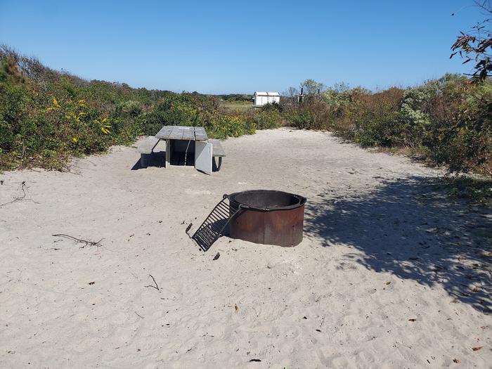 Oceanside site 86 in October.  View of the black metal fire ring and wooden picnic table on the sand.  Brush surrounds the campsite with bathrooms on the horizon.Oceanside site 86 in October.