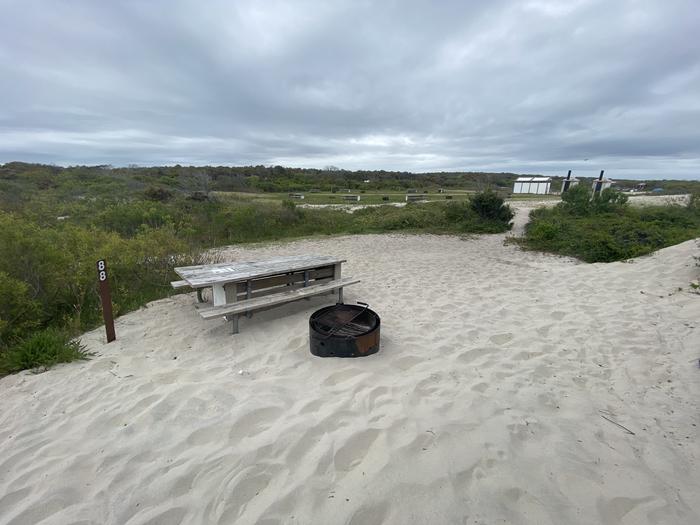 Oceanside site 88 in May. View of black metal fire ring and wooden picnic table on the sand.  Sign post nearby with 88 on it.  Bathrooms off in the distance with other campsites nearby.  Brush surrounds the campsite.Oceanside site 88 in May.