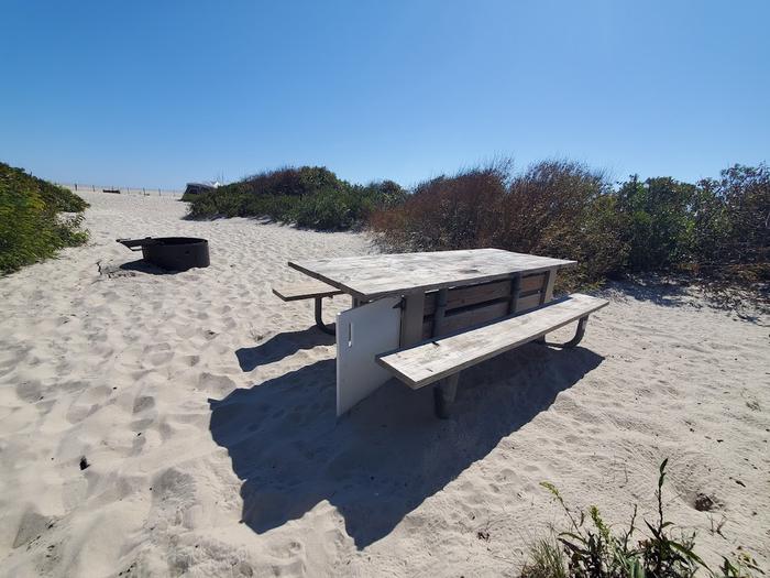 Oceanside site 89 in October.  Close up view of the wooden picnic table on the sand.  Black metal fire ring is nearby.  Brush surrounds the campsite with an opening leading to the beach front.Oceanside site 89 in October.