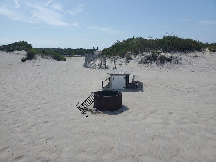 Oceanside site 90 in August.  View of the black metal fire ring on the sand.  The wooden picnic table is directly behind the fire ring.  There are two dunes behind the campsite with dune fencing creating a sandy pathway to the restrooms. Oceanside site 90 in August.