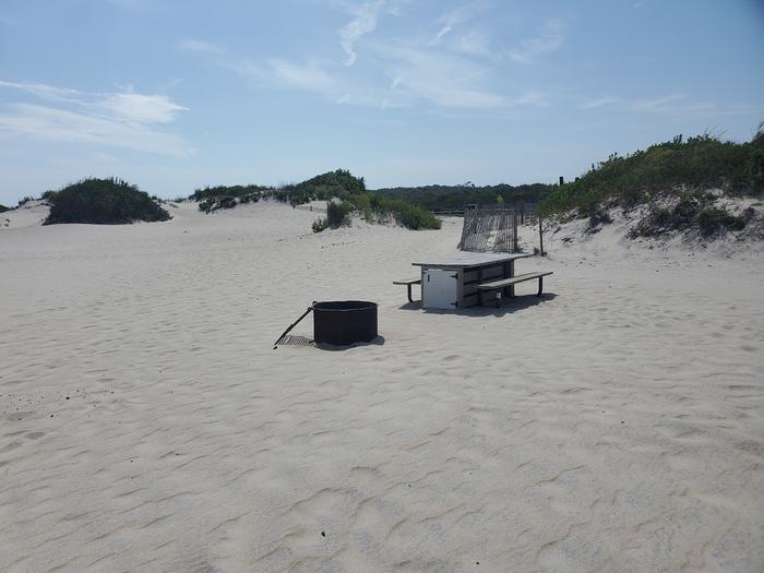 Oceanside site 90 in August.  View of wooden picnic table and black metal fire ring on the sand.  Dunes along the backside of the campsite with dune fencing creating a sandy pathway leading out.Oceanside site 90 in August.