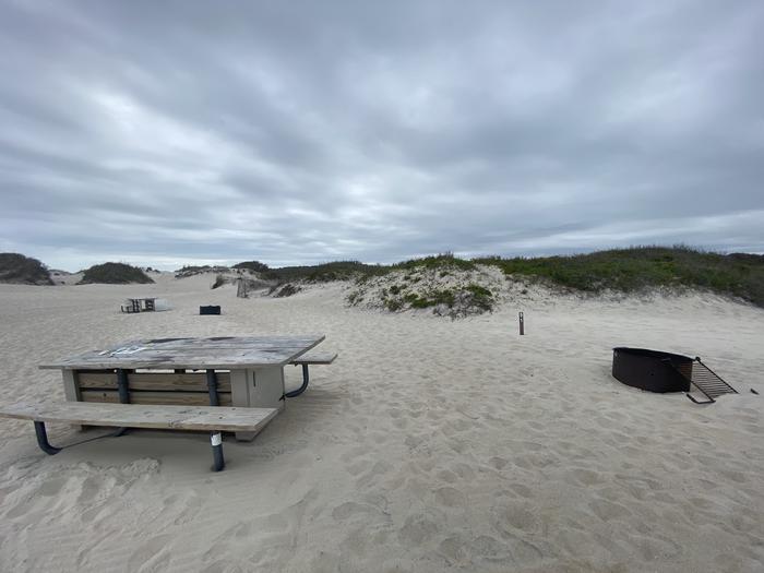 Oceanside site 91 in May.  View of the wooden picnic table and black metal fire ring on the sand.  Sign post nearby says 91 on it.  Other campsites within the view with dunes on the horizon.Oceanside site 91 in May.