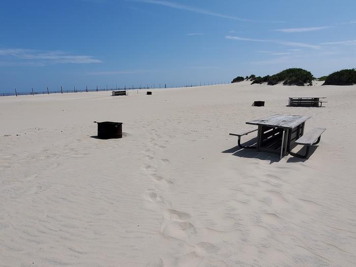 Oceanside site 91 in August.  View of the black metal fire ring and wooden picnic table on the sand.  Other campsites within the view.  Dune fencing runs along the beach front on the horizon.Oceanside site 91 in August.
