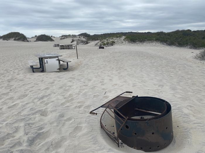 Oceanside site 92 in May. Close up view of the black metal fire ring on the sand.  Wooden picnic table and sign post nearby.  Other campsites within the view. Dunes along the horizon.Oceanside site 92 in May.