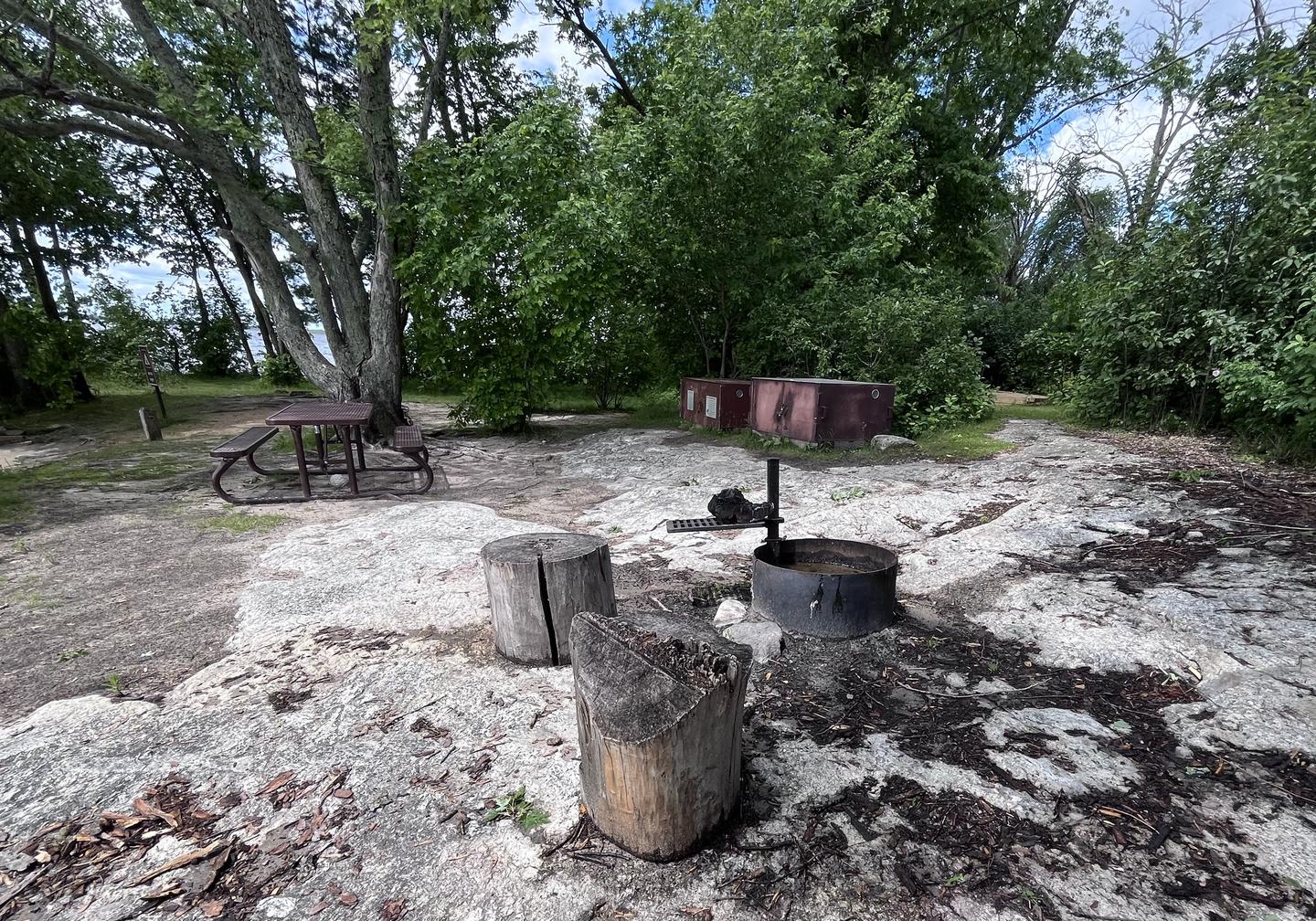 K21 - Maple Point, view into the campsite core of the fire ring, bear lockers, and picnic table with a couple of logs for seating in the foreground and the mooring post and campsite sign in the background. View into campsite core