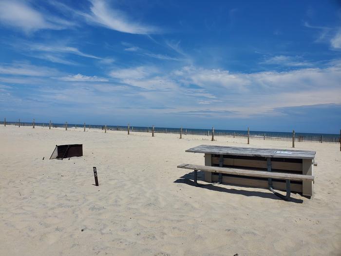 Oceanside site 95 in July 2023.  Close view of the wooden picnic table and black metal fire ring on the sand.  Signpost nearby says "95" on it.  Dune fencing runs along the beach front behind the campsite.  Ocean on the horizon.Oceanside site 95 - July 2023.